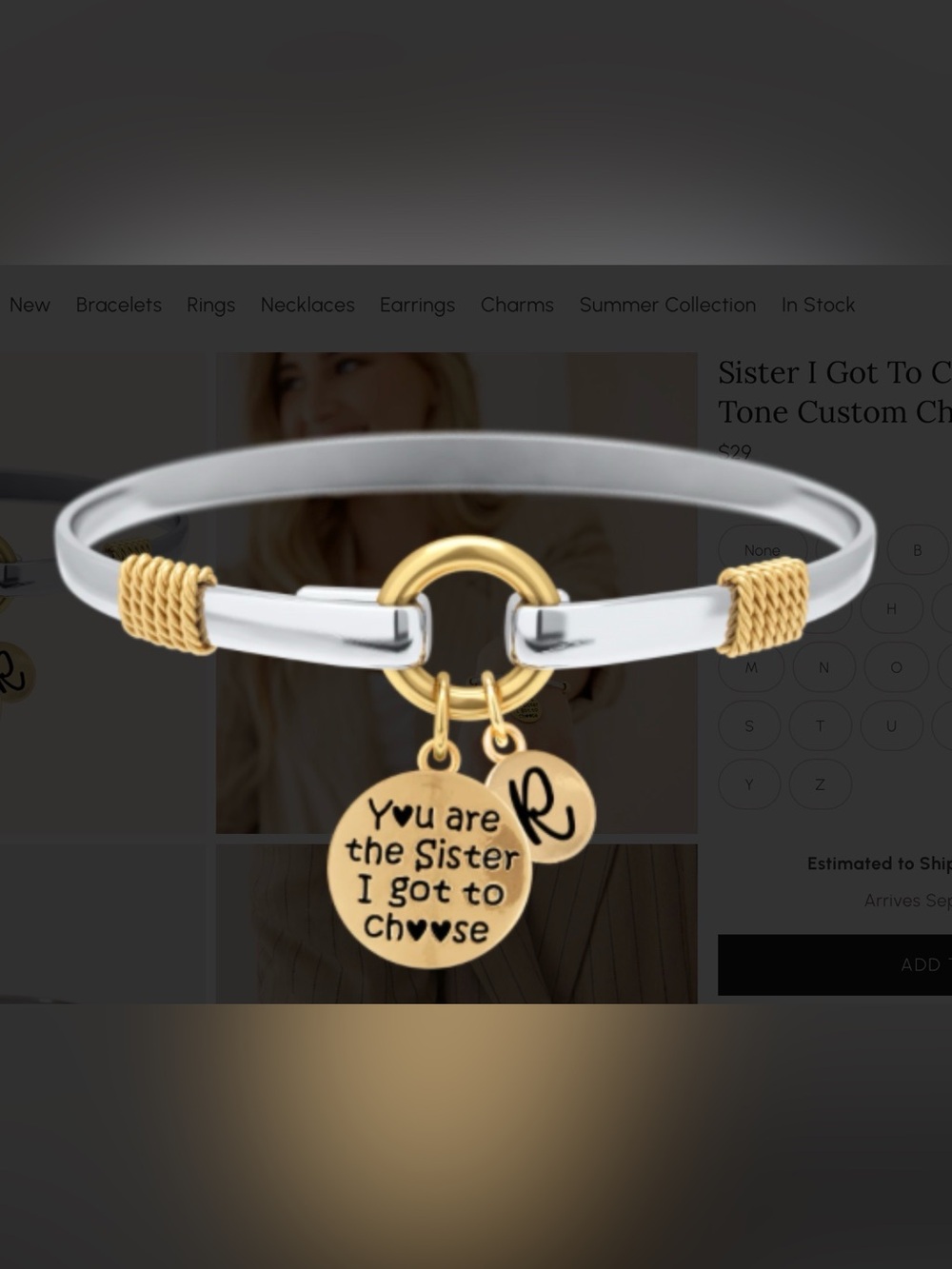 Mint&Lily Two-Tone “Sister I Got to Choose” “R” initial  Bracelet